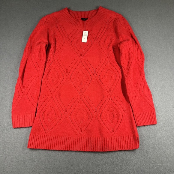 Talbots Sweaters - Talbots Sweater Womens Medium Red Diamond Knit Tunic Long Sleeve Crewneck Top